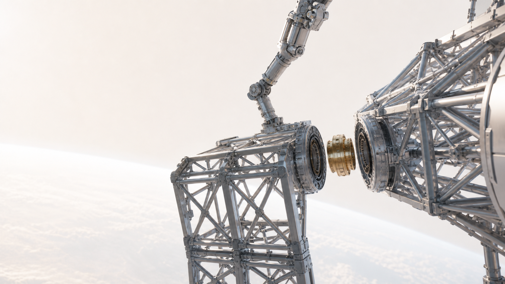A robotic arm aligning two orbital truss modules around a gold reversible structural interface